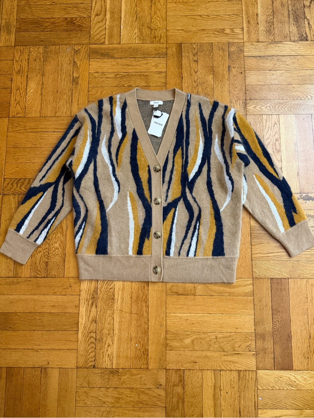 REISS
Serafina Wool Cashmere Intarsia Stripe Cardigan in Camel - Picture 11 of 14